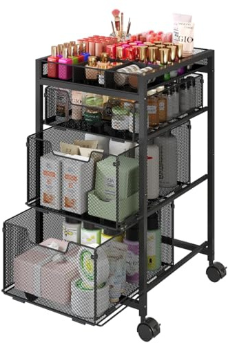JKsmart Rolling Makeup Cart Organizer with 3 Drawers, Cosmetics Display with Dividers, Floor Skincare Storage with Wheels, Versatile Vanity Organizer for Nail Polish Perfume Brush Hair Tool, Black