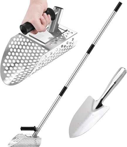 Sandskopa med långt handtag, metalldetekteringssand med långt handtag, sandskyffel i rostfritt stål med långt stålhandtag, perfekt för undervattens-skattjakt