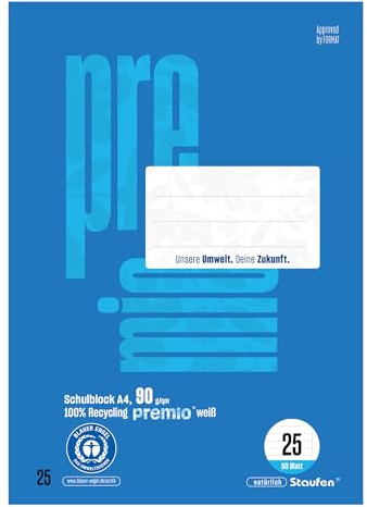 Staufen Premio Schulblock - 5 Blöcke à 50 Blatt, DIN A4, liniert 9 mm | Lineatur 25, 100% Recyclingpapier, zertifiziert mit dem Blauen Engel, abgerundete Ecken, 90 g/m² Papier