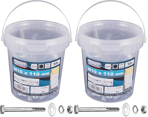 Connex Sechskantschrauben M10 x 110 mm - 10 Stück - Außensechskant-Antrieb - Verzinkt - Für sämtliche Konstruktionen - Inkl. Unterlegscheiben, Federringe & Muttern/Schrauben-Eimer / B30163 Silber