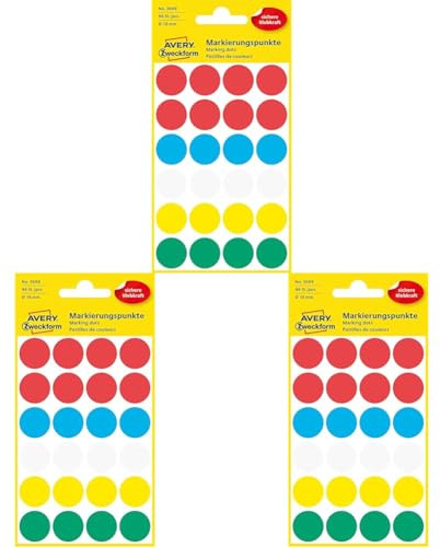 AVERY Zweckform 3089 selbstklebende Markierungspunkte 96 Stück (Ø18mm, Klebepunkte auf 4 Bogen, Punktaufkleber zur Farbcodierung, runde Aufkleber für Kalender, Planer und zum Basteln, Papier) bunt