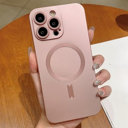 HTYTFC Per custodia di ricarica wireless magnetica per iPhone 16 15 14 13 12 11 Pro Max 7 8 Plus, protezione per obiettivo in vetro morbido opaco, rosa, per iPhone 13 Mini