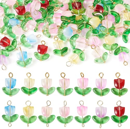 Spritewelry 56 Pcs Tulip Flower Glass Beads Colorful Floral Leaf Charms Connector Links for Earring Bracelet Necklace Jewelry Making