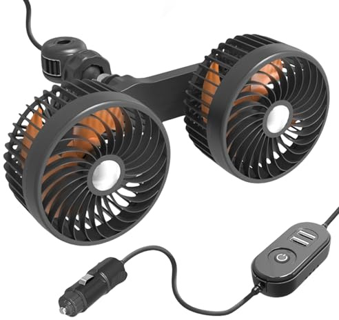 BORDEAG Auto Ventilator 12V Auto-Ventilatoren Für Den Rücksitz, Auto-Kühlluftventilator Doppelköpfiger Ventilator Auto 360 Grad Drehbar Mit Zigarettenanzünder, 3 Geschwindigkeiten, Für Autos Lkws