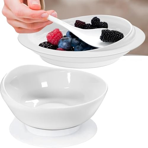 MUSLONG Assiette et bol à bord haut, sans BPA, ventouse, antidérapante, aide alimentaire, surélevé pour les soins des personnes handicapées et âgées (blanc, bol + assiette)