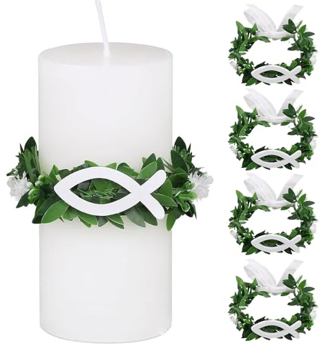 4 Stück tropfschutz kommunionkerze，Kerzenringe Kleine Künstliche Kränze Tropfenfänger für Kerzen，4-6 cm Durchmesser Dekokränze Dekorative Kerzenkränze für Kommunion Taufe Hochzeiten (Grün)