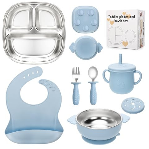 CLDY Lot de 8 assiettes pour bébé - En acier inoxydable - Bol pour enfant - Bavoir en silicone - Gobelets d'apprentissage avec ventouse en silicone amovible - Sans BPA - Anti-fuite - Passe au