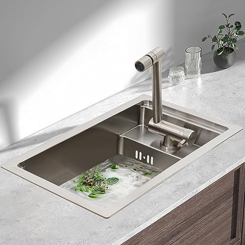 17x9.8 Inch 304 Stainless Steel Undermount Single Bowl Bar Sink with Cover, Foldable Hot and Cold Faucet, Vertical/Horizontal Kitchen Sink Workstation for Outdoor Kitchen, RV, BBQ, Camper, Mobile Home