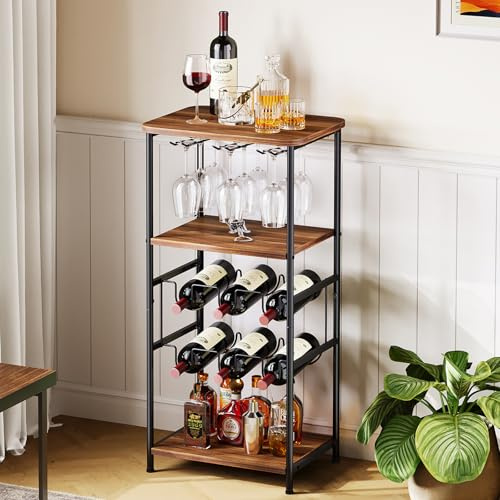 Dripex Weinregal, 5 Etagen Freistehendes Weinregal mit Glashalter und Tischplatte, Flaschenregal für 6 Flaschen, für Küche Bar Keller Esszimmer 40 x 30 x 80.5 cm, Vintagebraun-schwarz
