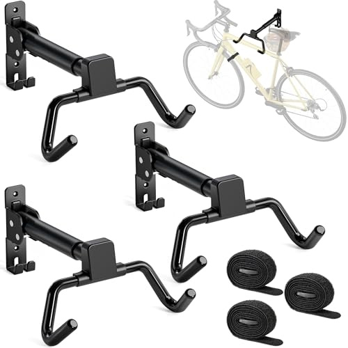 monTEK klappbare Fahrrad-Wandhalterung Set zu 3, 30 kg Traglast pro Stück | ausziehbar, verstellbarer Wandabstand & Winkel, inkl. Helmhaken, platzsparende Garagenaufbewahrung