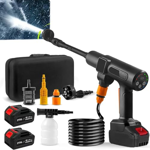 Nettoyeur Haute Pression sans Fil, Nettoyeur Haute Pression 200Bar avec 2 Batteries, Buse 6 en 1, écran LCD, Pistolet Haute Pression à Batterie Portable à Main pour Le Nettoyage des Voitures, Terrass