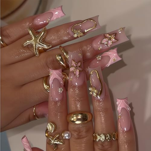 Auroriel 24 pièces ongles pressés de longueur moyenne en rose avec pointe française, fleurs en résine 3D goutte, applications dorées, brillants, réutilisables pour manucu