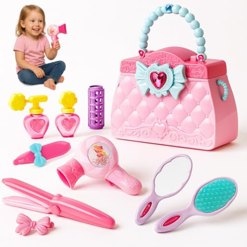 Toyana 10 Pcs Pretend Play Hair Styling Beauty Set Kids Vanity Handbag Kit with Toy Blow Dryer, Straightener, and Mirror Realistic Beauty Salon Playset Stylist Accessories Fun Gift for Girls 3+ Years