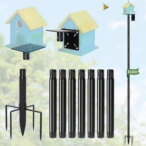 114-Inch Birdhouse Pole Stand, Heavy Duty Metal Bird House Mount with Ground Stake Base, Multi-Section Outdoor Pole for Birdhouses, Feeders & Garden Decor