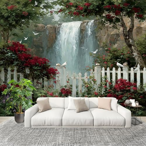 Dormitorio Papel Pintado Paisaje De JardíN Con Cascada Pared Panorámico 200x140 cm Obra De Arte Fotomurales No Tejido, Póster Gigante de Pared Personalizado 3D Para Salón Fotomurales