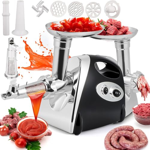 Tritacarne elettrico, passapomodoro, insaccatrice per salsicce | Macchina per uso domestico in cucina con 3 piastre, tubi per salsicce e kit
