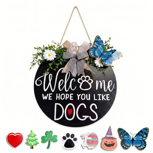 Welcome Sign for Front Door, Wooden Dog Welcome Sign, Black Round Welcome Plaque, Door Hanging Decor for Porch Wall Entryway, Hook and Loop O with 6 Seasonal Decorations, Gift for Dog Lovers