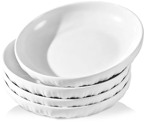 Houbobo Pasta Bowls, 8 Inch Large Ceramic Salad Bowls Soup Bowls | Wide White Serving Plate for Pasta, Salad, Dessert, Pizza, Fruit, Noodle, Set of 4, Microwave and Dishwasher Safe