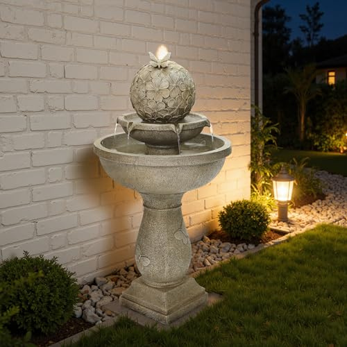 2-Stufiger 95cm Polyresin-Gartenbrunnen mit Vogeltränke und leuchtendem Schmetterling auf Kugel, Springbrunnen für außen für Garten, Balkon, Terrasse, 45.5B x 45.5T x 95H cm