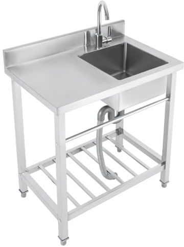 201 Fregadero de cocina independiente de acero inoxidable, fregadero de cocina con encimera y patas ajustables, 80 x 55 x 84 cm, fregadero profundo (35 x 35 x 20 cm) – 1 lavabo para garaje, gastro