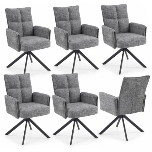 FurniSoar 6er Set Esszimmerstuhl 360° drehbar, Hohe Rückenlehne & Armlehne, Extra Dicke Polsterung, Metallbeine, Arbeits-/Schminkstuhl, Chenille, 160kg, Grau