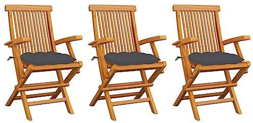YuuSsea Trädgårdsstolar med antracitkudde 3 st. vikbara i massivt teak väderbeständig med armstöd för balkong terrass utomhus camping pool bekväm och platsbesparande