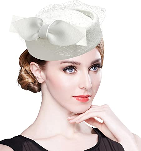 Z&X Britischer Vintage-Wollfilz-Pillbox-Hut, Damen, Kirche, Derby, Winter, Fascinator, Schleier, Blume, Fedoras