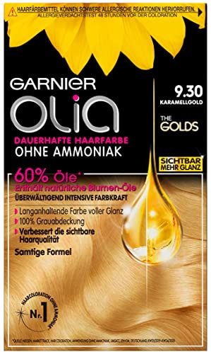 Garnier Dauerhafte Haarfarbe ohne Ammoniak mit pflegenden, natürlichen Ölen, Vollständige Grauhaarabdeckung, Olia Permanente Coloration, 9.30 Karamellgold (Blond), 1 Stück