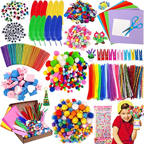 MULEVIP 1500+ Pezzi Lavoretti Creativi per Bambini DIY Art Craft Set, Scovolini Colorati per Lavoretti,Contiene Occhi Contorti, Bastoncini di Legno Colorati, Piume, Paillettes, Pompon Lampeggianti