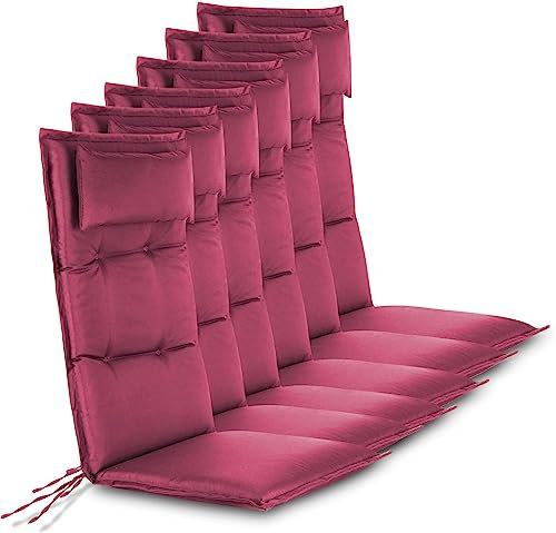 6er-Set Stuhlauflagen Sitzpolster Hochlehner mit Kissen 120x50 cm aus wasserdichtem und pflegeleichtem Outdoor Material - Gartenstuhlauflagen gepolstert für Draußen und Drinnen Farbe Brombeere