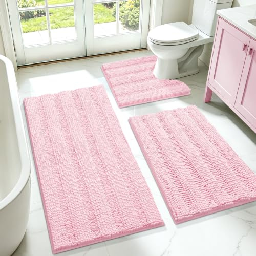 ACCUMTEK Weihnachtliches gestreiftes rosa Badezimmerteppich-Set, 3-teilig, ultraweich, rutschfest, Chenille, WC-Vorleger, saugfähig, Plüsch, zottelig, Badematten für Badezimmer, Schlafzimmer, Küche