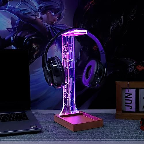 YuanDian Headphone Stand, Wood Headset Holder with Tray, Blue Pink LED Night Light for Gamers, Men, and Music Lovers - Perfect Desk Gift Idea