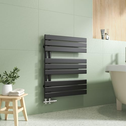 EMKE Handtuchheizkörper Flach 762x600 mm, Badheizkörper Handtuchhalter mit Seitenanschluss, Effizienter Handtuchwärmer Handtuchtrockner Heizkörper für Bad, Schwarz, 479W