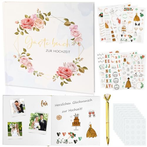 JUNEBRUSHS Gästebuch Hochzeit, 120 Seiten Rose Gastgeschenke Hochzeit Vintage Fotobuch Hochzeit mit Sticker Metallstift Transparenter Fotopunkte, Dick Weiß Leeres Beschreibbar Hochzeit Gästebuch