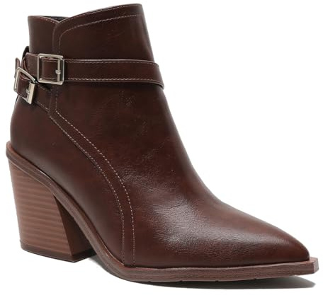 Mujeres Retro Elastico Chelsea Tobillo Botas Chunky Heel Puntiagudo Otoño Invierno Botines Faux Cuero Zipper Short Boot Fiesta Trabajo Jeans Dress Zapatos para mujer Señoras Niñas Dark Marrón Numero