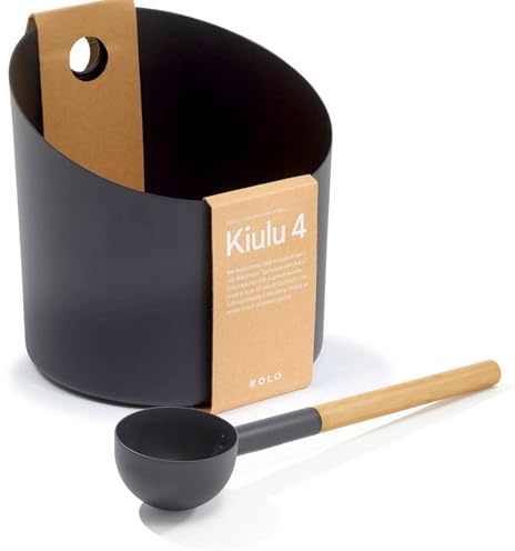 KOLO Sauna Set Kiulu 4 - Kübel 5 l + Aufgusskelle 300 ml - Schwarzes Aluminium - Bambusgriff - 2-teiliges Premium-Set für Aufgüsse und authentische finnische Saunakultur - Made in Finland