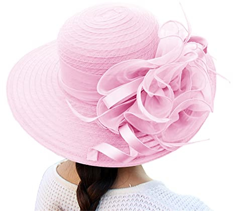 SRZYMJ Rosa Damenhut Organza Hut Hochzeit Anlasshut Brauthut Sonnenhut Blumen Sommerhut Strandhut Strohhüte Sonnenhut Damen Rot Fischerhut Für Outdoor Stroh