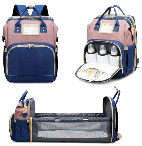 AZOOKEN Baby skötväska, ryggsäck, multifunktions babyväskor mamma axelväska för resor shopping camping med säng unisex för mammor och pappor, Blå och rosa