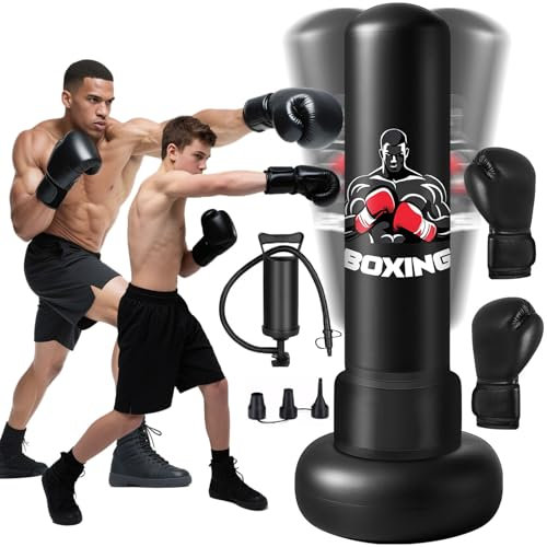 Punching Bag for Adults 180CM, Free Standing Inflatable Boxing Bag with Boxing Gloves and Air Pump, Women Men Stand Kickboxing Bags for Training MMA Muay Fitness Thai Home Gym Beginners