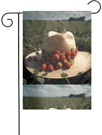 YYHWHJDE Gartenflagge, Hofdekoration, Motiv: Walderdbeeren in Strohhut, 30,5 x 45,7 cm, für Garten, Terrasse, Balkon