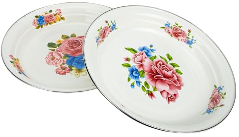 HOODANCOS Lot de 2 Assiettes Émaillées Rétro Épaisses Motifs Rose et Pivoine Assiettes Plates Vintage en Émail pour Maison et Service Vaisselle Décorative et Pratique Alimentaire