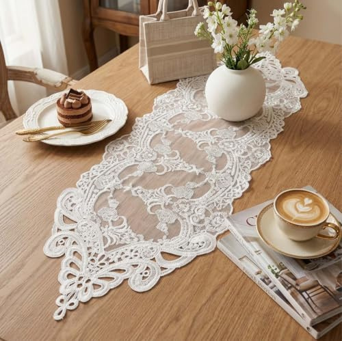 Spitzen Tischläufer Weiß,Kurzer Spitzendeckchen Tischläufer Vintage 24*74cm | Spitzendecke Tischdecke Klein Tischdeckchen für Kommode Hochzeit Party Feiertage,Spitzen-Couchtischdecke Blumen Stickerei