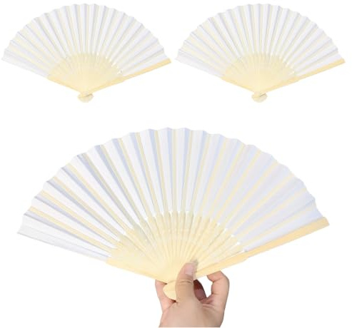 duoyif Fläkt vitt vikbart papper bambu gör-det-själv bröllop 21 cm 3 stycken | DIY vitt pappersfläkt, bambu hopfällbar fläkt för bröllop gästgåva väggdekoration fest