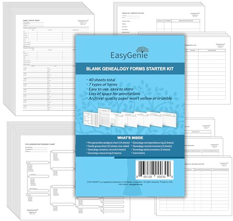 Blank Genealogy Forms Starter Kit (7 types/40 sheets) by EasyGenie