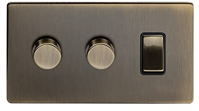 Soho Lighting Antique Brass 3 Gang Light Switch with 2 Dimmers (2 Way Switch & 2x Trailing Dimmer) Screwless