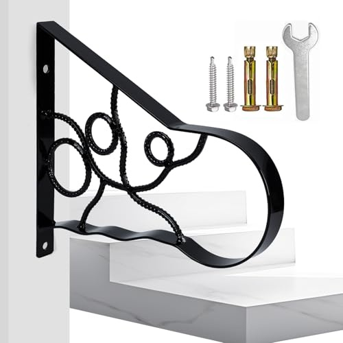 Yahpetes Porch Handrail 1 Step Stair Handrails Wall Mounted Wrought Iron Hand Railing Stair Post Mount Grab Support Bar Hand Rail for Wall Mounted Chains Ornamental Handrail