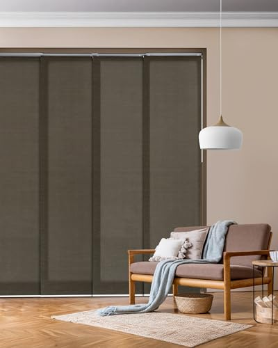 GoDear Design Adjustable Sliding Panel Track Blinds 45.8- 86 W x 96 H, Extendable Vertical Blinds for Windows Patio Doors Room Dividers, See-Through Trimmable Jute Fabric, Semi-Privacy, Pu'er Tea