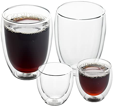 ANSIO Double Walled Glass Coffee Cups, 2 x 350ml & 2 x 80ml, Pack of 4 | Lightweight thermo glass coffee mugs made for everyday use with hot coffee, tea, hot chocolate, soup and cold drinks