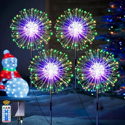 Joycome Solarlampen für Außen 4x120 LED Solarleuchten Pusteblume mit Fernbedienung, 8 Modi Feuerwerk Gartenbeleuchtung Winterfest Gartenlichter Solarstecker für Balkon Weg Deko - Mehrfarbig
