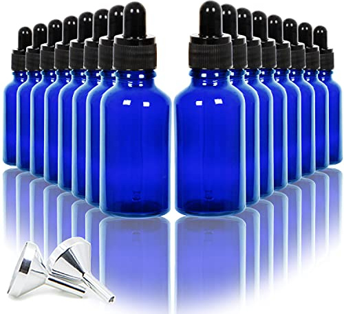 Youngever 16er Pack 30ML Tropfflaschen aus Glas für ätherische Öle, Pipettenflasche, Apothekerflaschen, 2 Mini-Trichter aus Edelstahl (Blue)